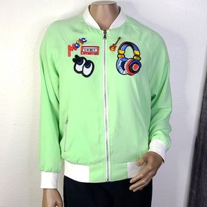 Embellished Bomber Jacket Size Medium Green Creme Lightweight Trendy Unique Gift